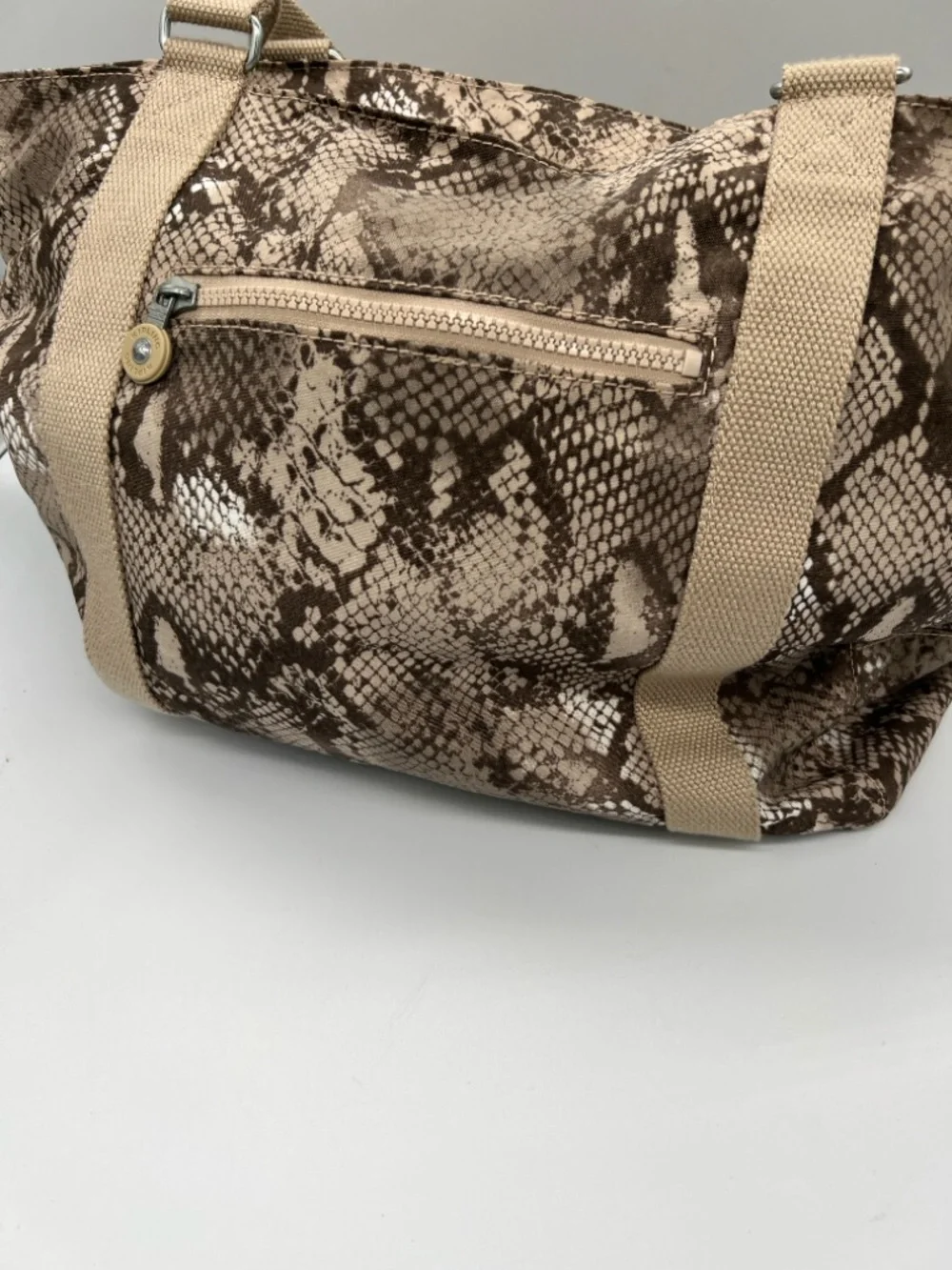 Kipling Taupe Snake-Print Canvas Tote with Beige Webbing